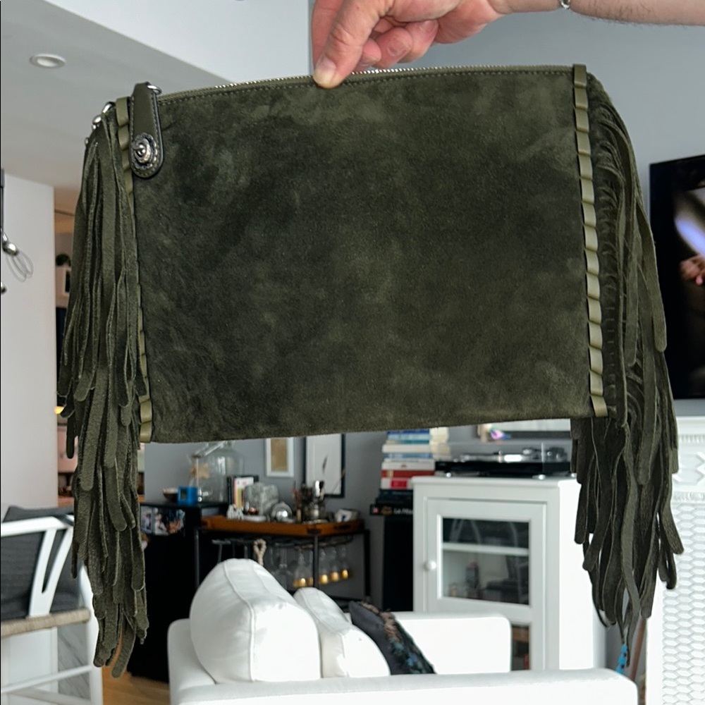 Coach Olive Green Suede Fringe Wristlet Clutch
